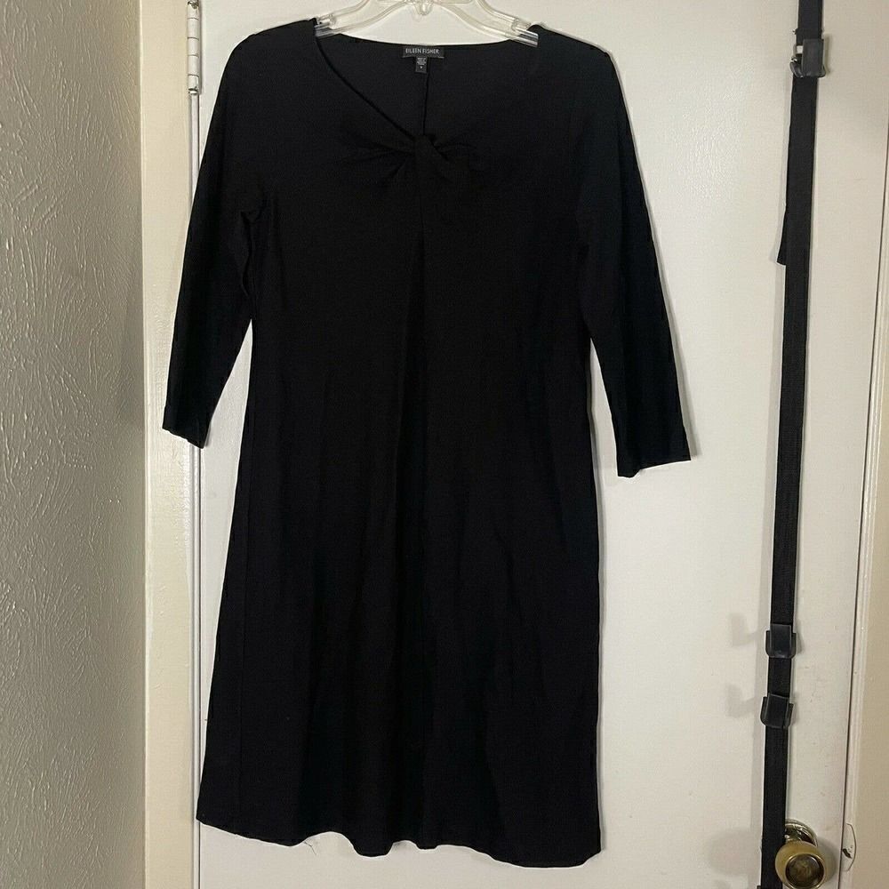 EILEEN FISHER TWIST FRONT CREPE DRESS BLACK 3/4 SLEEVE SIZE SMALL